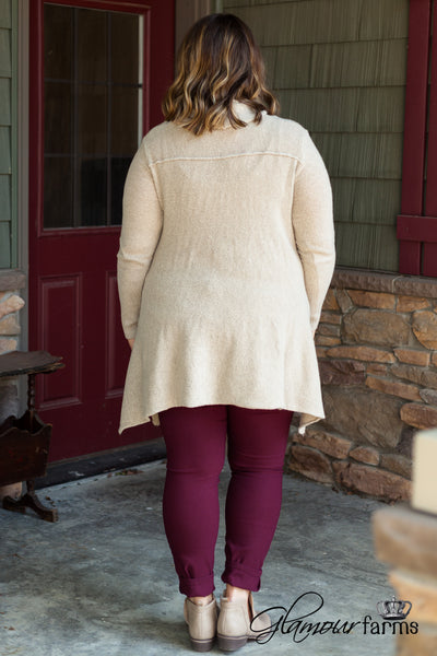 Curvy| Warm Hearts Cowl Neck Sweater - Taupe