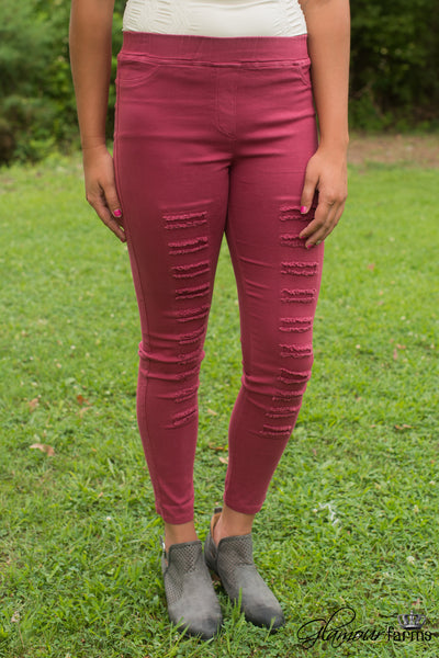 Well Traveled Distressed Jegging - Burgundy